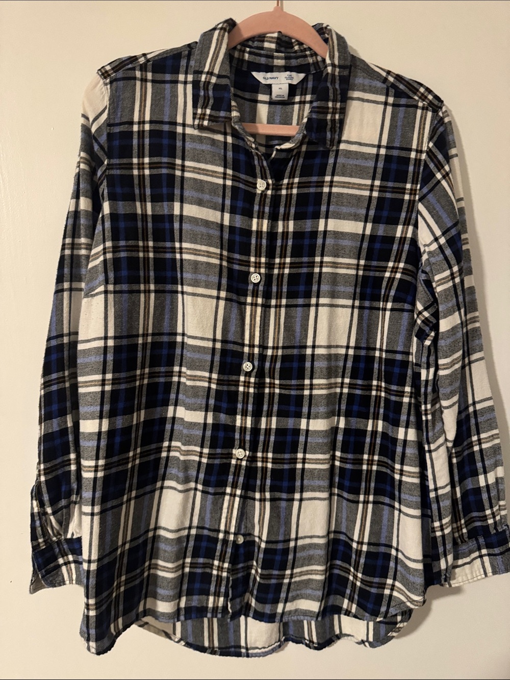 Old Navy Women’s Blue, Yellow, Black, White Plaid 100% cotton Flannel Shirt XL